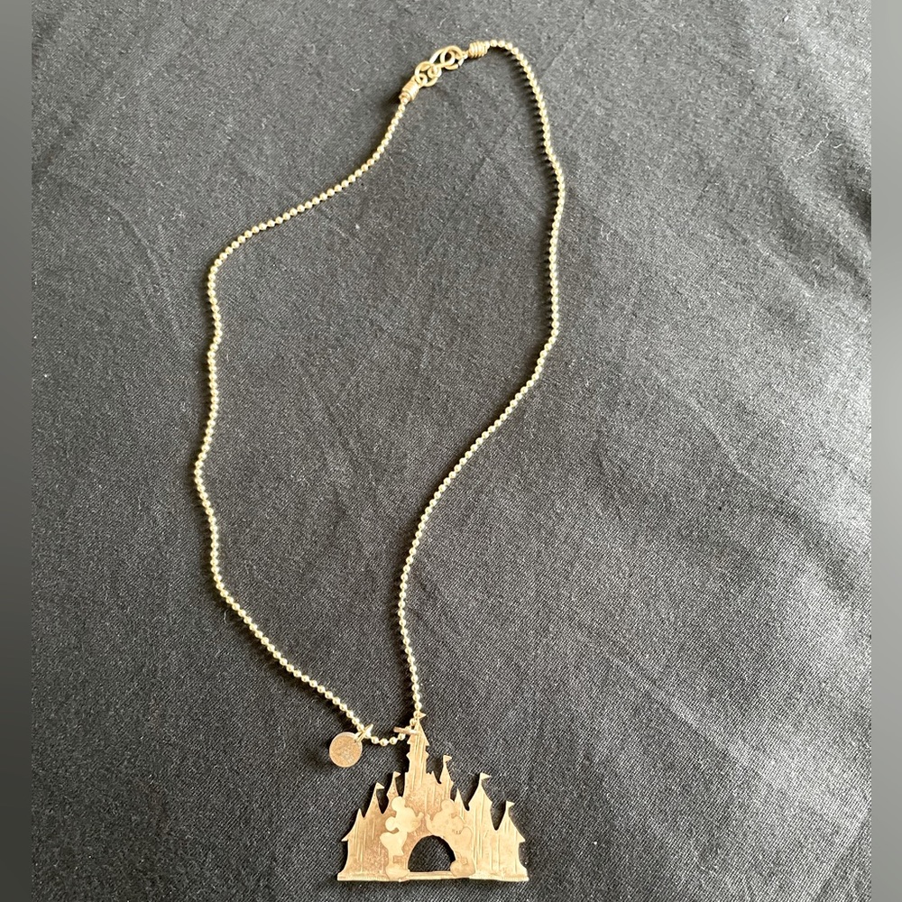 Golden necklace with golden Mickey and Minnie Mouse Castle charm. OS